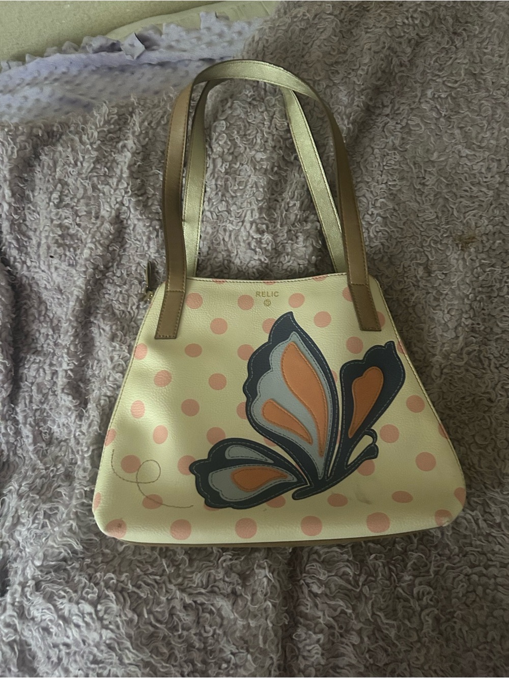Relic Cream and Peach Polka Dot Shoulder Bag with Butterfly Accent